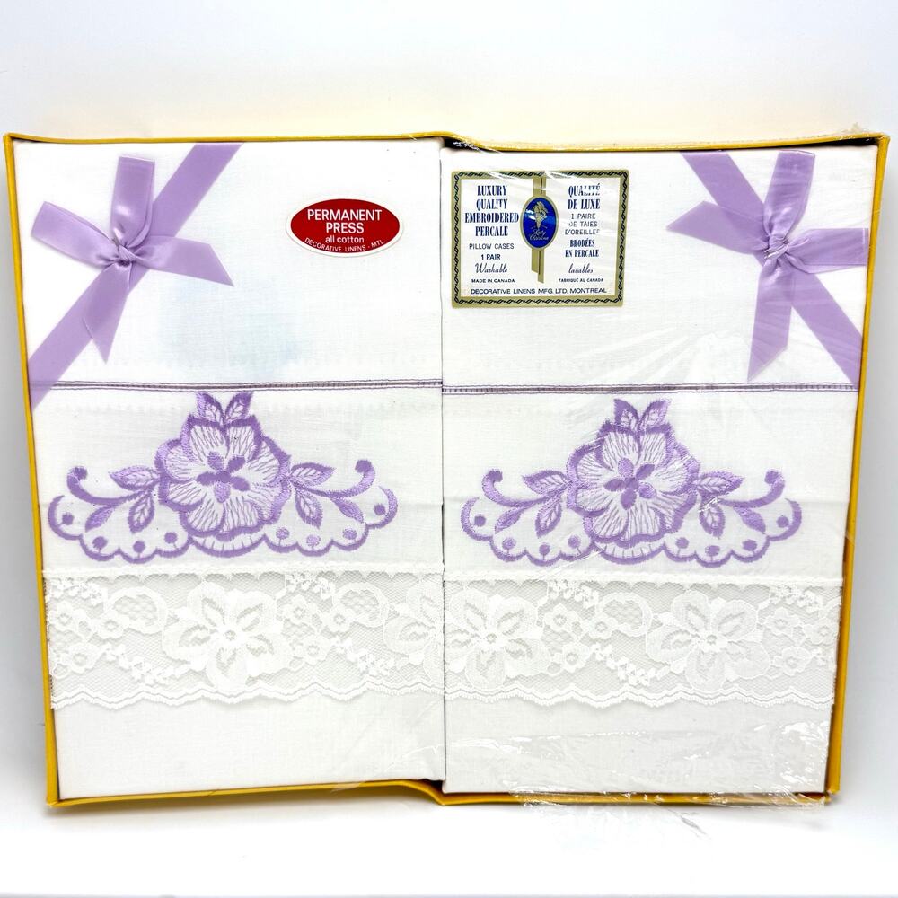 2 Vintage Lady Christina Embroidered Pillowcases Percale Purple Flowers Lace